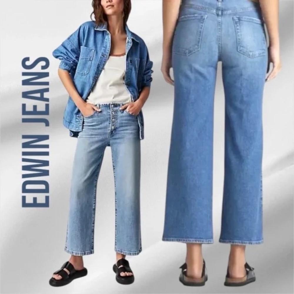 Edwin x Anthropologie Bound Marli Ankle Mid-Rise Wide Leg Jeans in Trip Size 26